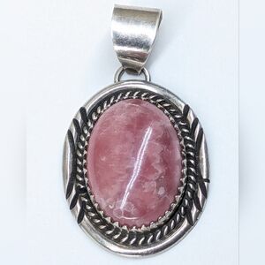 1" Native American Signed NL Oval Sterling Silver Pink Rhodochrosite Pendant